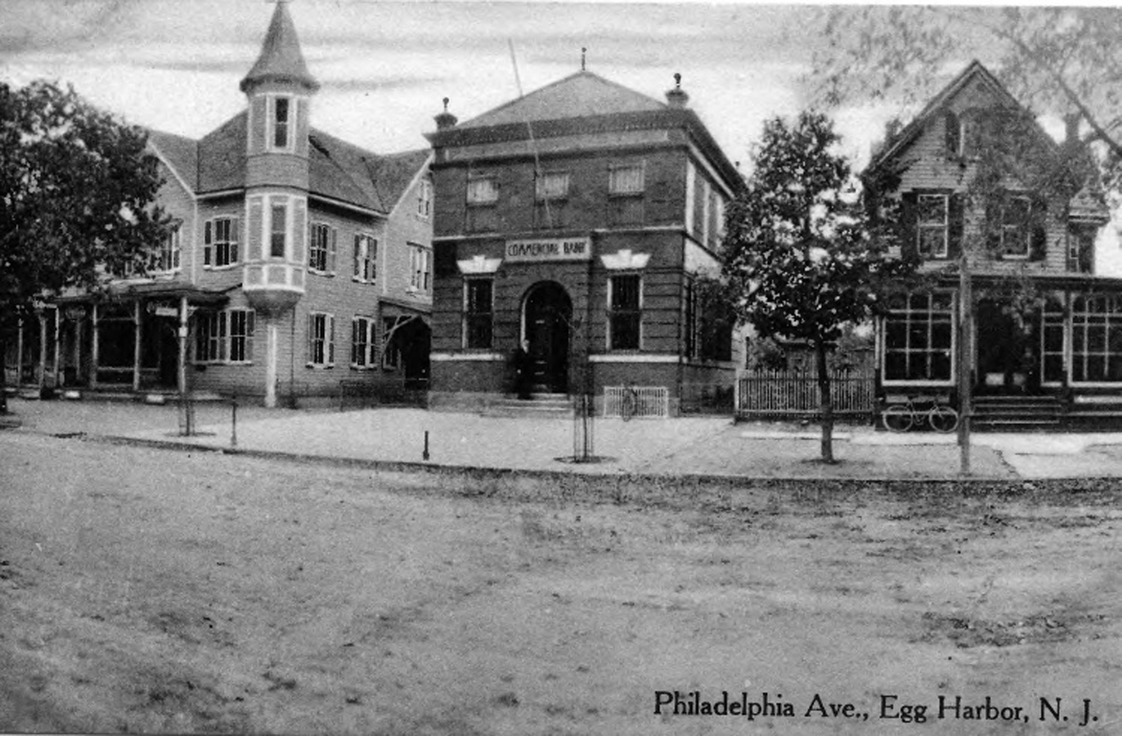 Egg Harbor City - Businesses mid-way down the 100 block of Philadelphia Avenue - The building on the left was Boysen's drug store - In the center is the Continental Bank Building - The building on the right was Fritz bakery - c 1910 - EHC