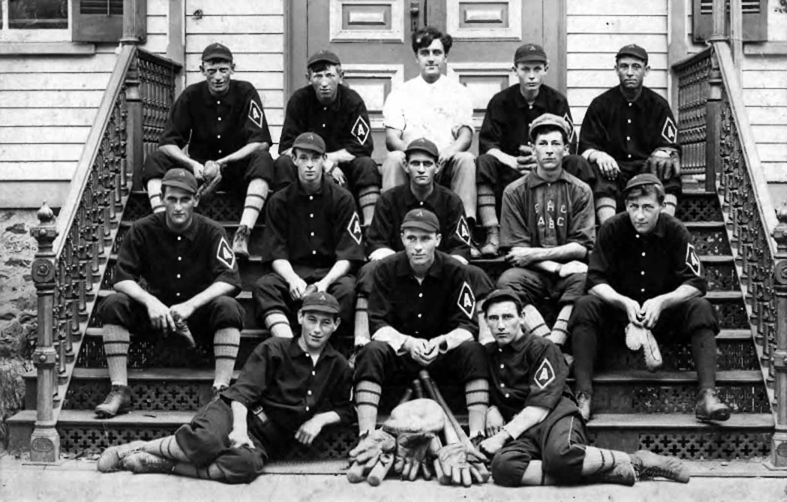 Egg Harbor City -The As on steps of PS 1 - Team - fr l to r-Tp Rw-Whtey Weber Scrappy Miller Jck Winterbottom Hrmn Bernhardt  Frnk Dadarrio Mdle Rw-Chstr Butler Wlm Schwenger Sam Butler Grg Senft Jr Unkn Bottom Row-Bl Soth Hrry Brwn Chas Soth